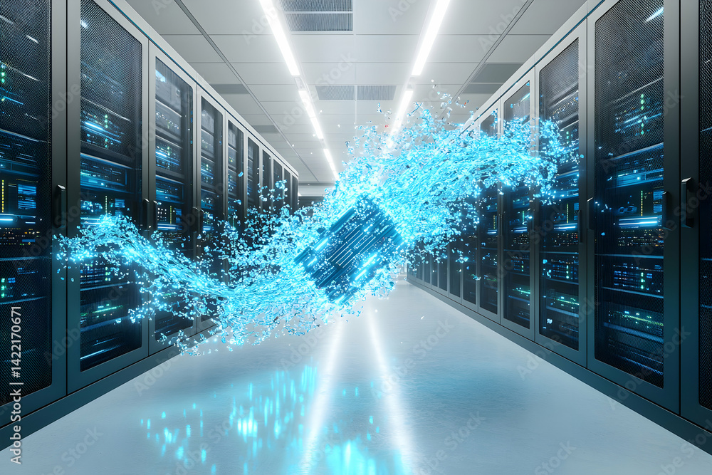 Fototapete a futuristic data center visualizes technology and high-speed processing. this imagery suggests clou