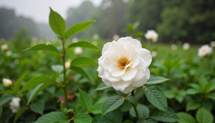Obraz premium White Rose Blooming in a Green Garden Background 