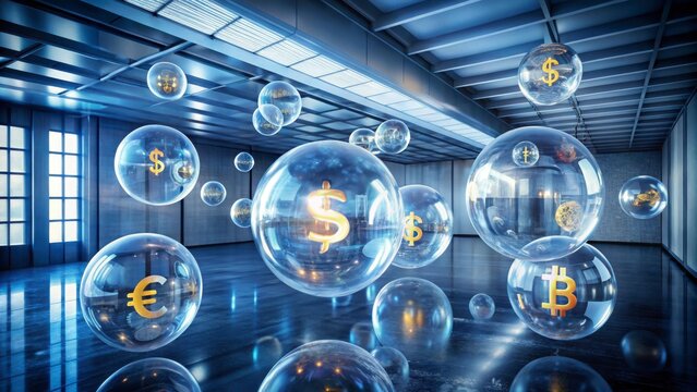 A futuristic room filled with floating transparent bubbles containing various currency symbols, symbolizing finance and digital economy.
