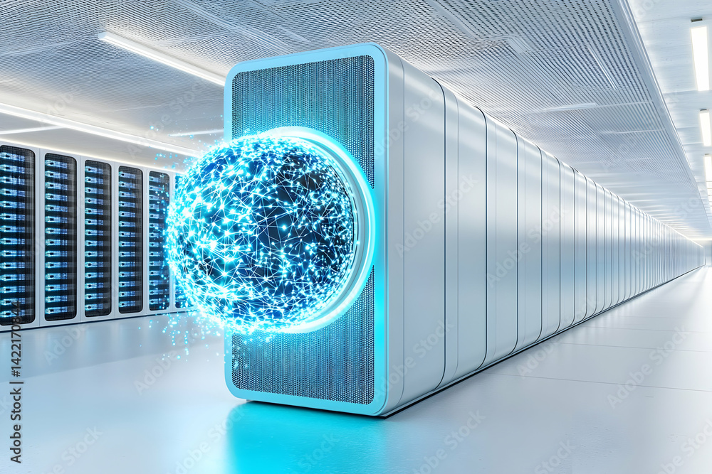 Fototapete a futuristic data center featuring a glowing sphere symbolizing global network connections. suitable