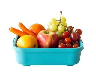 Healthy Fruits and Vegetables in a Teal Container on white background
