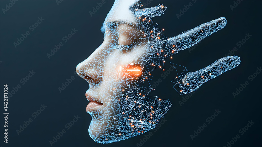 Aufkleber an artistic representation combining a human face with a digital network and a hand shape suggesting