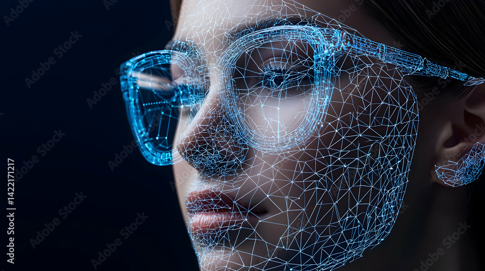 Poster a person wearing futuristic glasses with a network overlay is shown. it could relate to tech ai faci