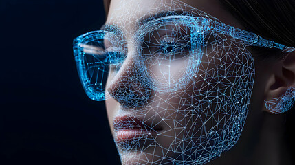 A person wearing futuristic glasses with a network overlay is shown. It could relate to tech AI facial recognition or augmented reality applications.