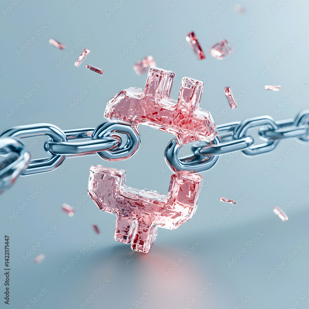 Poster an image of a chain breaking a crystalline structure symbolizing freedom or disruption. suggests con