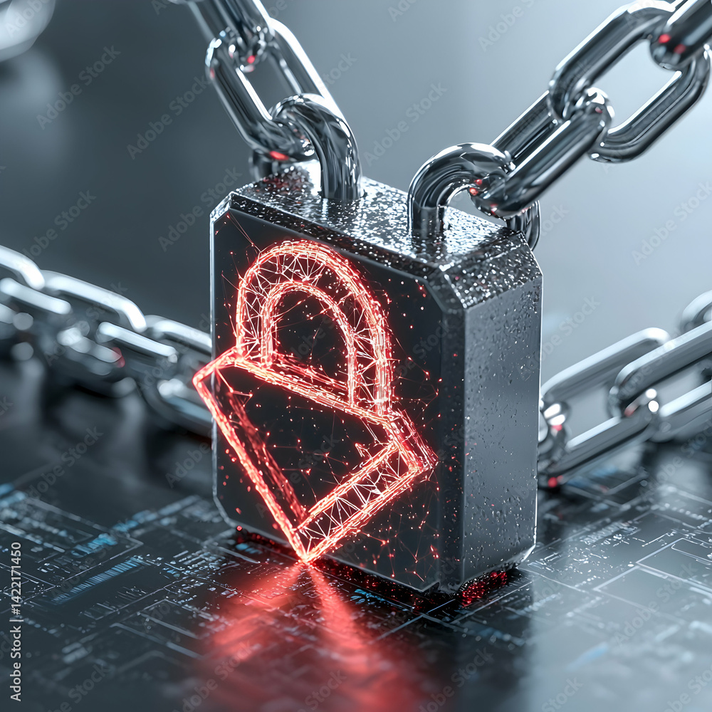 Poster a digital padlock secured by a chain represents cybersecurity. the padlock glows red symbolizing dat