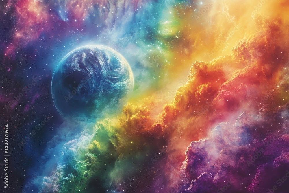 Poster a spaceship crashes on a planet in a galaxy where the skies are a kaleidoscope of vibrant hues the c