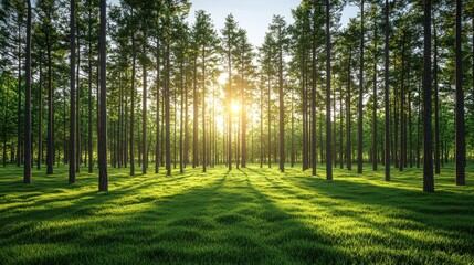 Radiant Forest Sunlight Shining Through Tall Trees and Lush Green Meadow Landscape Scenery