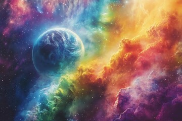 Obraz premium A spaceship crashes on a planet in a galaxy where the skies are a kaleidoscope of vibrant hues The crew learns that the colors of the sky are a sign of an impending catastrophic event,