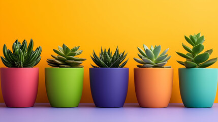 Five Succulents in Colorful Pots Against a Yellow Background