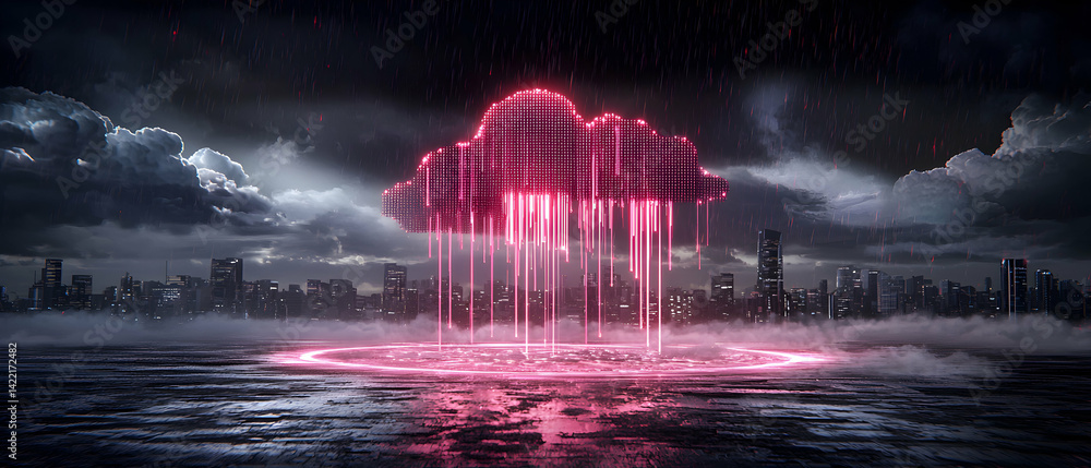 Poster a digital cloud concept over a city shows data flowing down. great for tech companies or presentatio