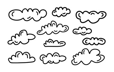 Set of hand drawn cloud illustrations. Doodle style of clouds with black lines. 