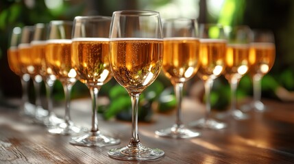 Elegant display of sparkling wine glasses arranged on a wooden table with greenery in the background