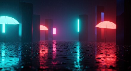 Geometric Rainy Day with Glowing Umbrellas and Abstract Reflections