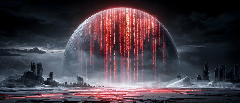 A dystopian cityscape under a digital rain. Futuristic world in red and grey. Use it for sci-fi book covers or game backgrounds.