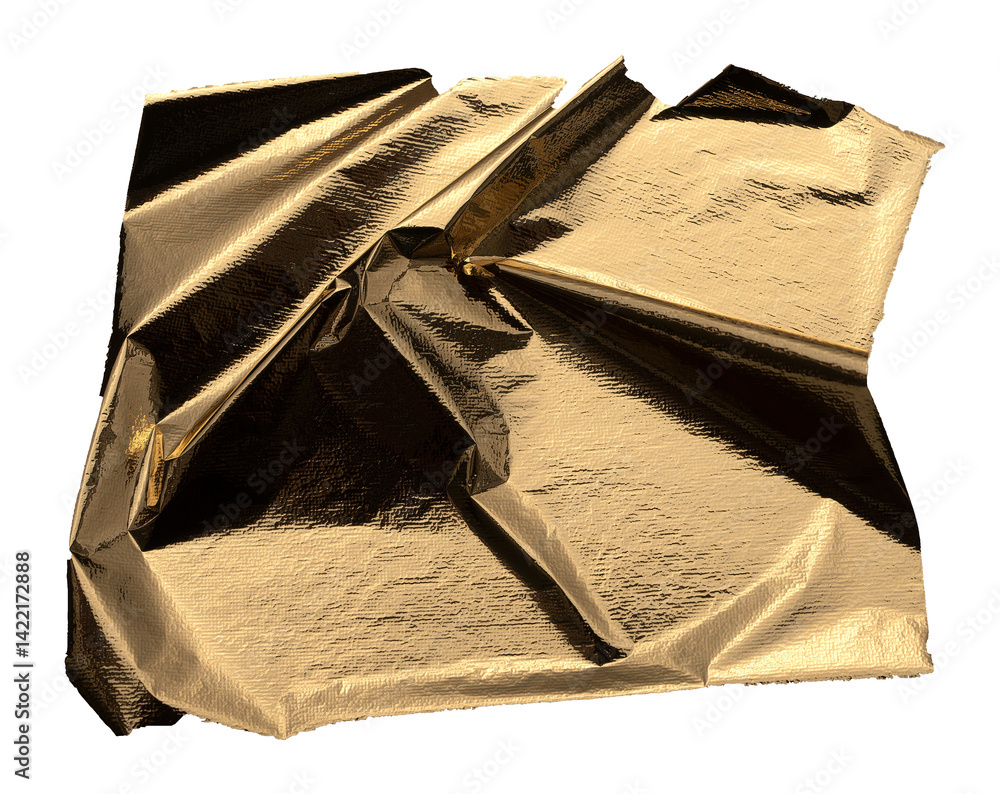 Poster gold foil with crumpled, shiny texture creates a reflective, metallic surface. torn and folded edges