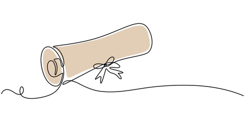 Folded diploma, certificate, school supplies one line continuous drawing. Back to school continuous one line illustration, continuous one line drawing of a diploma with ribbon and floral decorations.