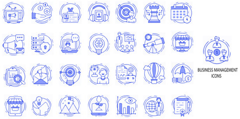 Business Management simple concept 24 color icons set. Contains such business, leadership, organization, organized group, teamwork, office .Vector illustration.