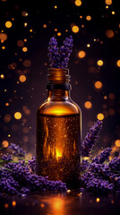 Tranquil lavender elixir: An amber vial of calming essence with lavender bloom, aroma therapy for spa, candle, cosmetic product use.