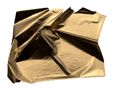 Gold foil with crumpled, shiny texture creates a reflective, metallic surface. Torn and folded edges add an angular, abstract design, perfect for luxury packaging, art, and decorative elements with.