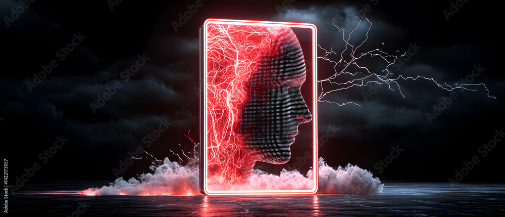 Poster a digital head portrait shines inside a glowing frame. lightning and stormy clouds surround it. perf