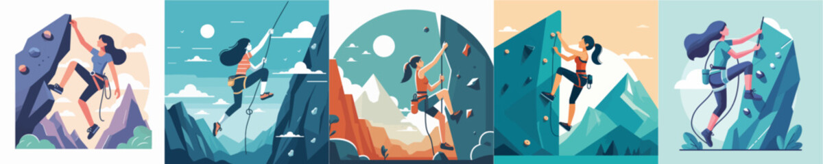 vector set of women rock climbing