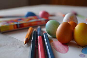 Colorful Easter Eggs and Pencils on a White Creative Surface