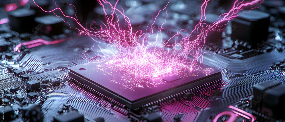 Fototapete a close-up image of a cpu with neon energy bursts. use for tech articles educational presentations a