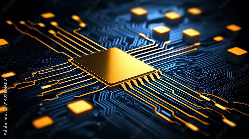 Poster close up of a computer chip with a gold outline. concept of technology and innovation