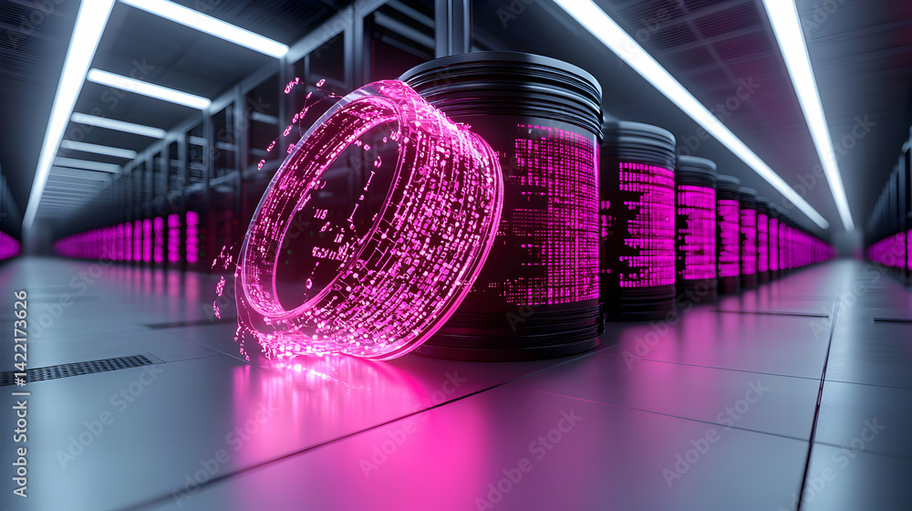 Poster image depicts a data center with server racks data visualization in a futuristic style. use this ima