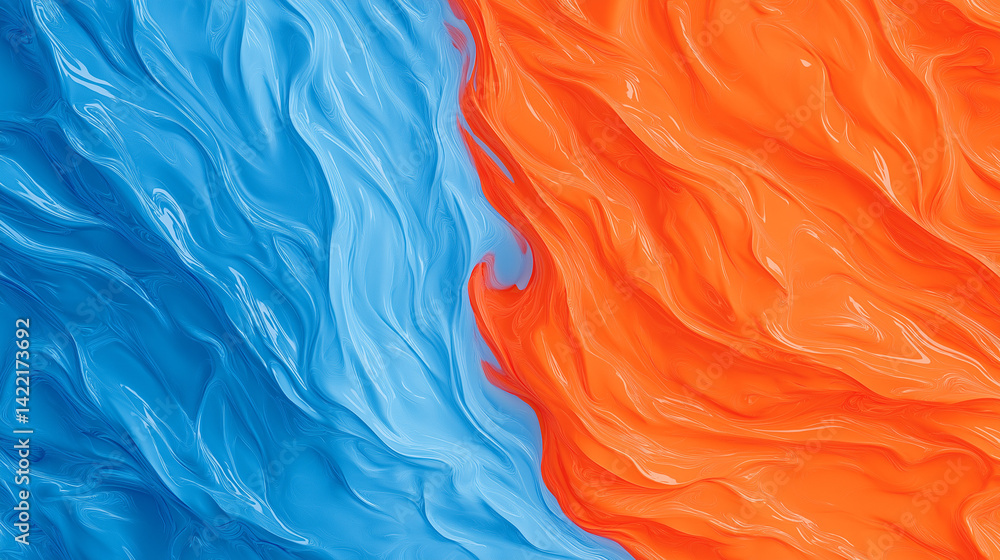 Poster abstract depiction of contrasting blue and orange hues with a flowing and dynamic composition style