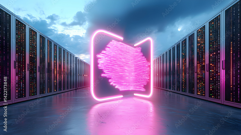 Poster a futuristic data center scene showcases a neon logo. this image could be utilized for website desig