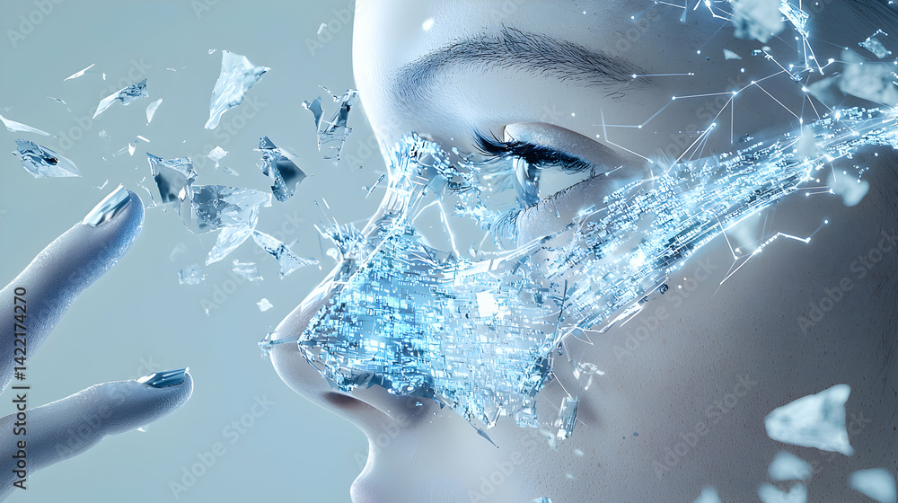 Poster this futuristic image shows a person's face partially covered in shattered glass and digital circuit