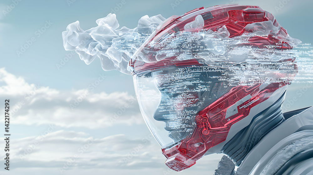 Poster futuristic digital artwork featuring a person inside a sci-fi helmet. code and abstract shapes merge