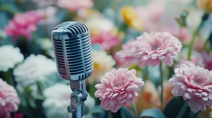 Charming pastel flower backdrop featuring an elegant microphone for a retirement celebration