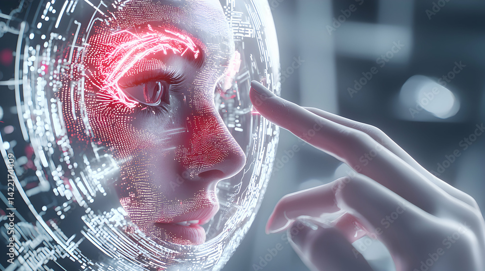 Poster an artistic image depicts a human-like face overlaid with digital circuitry. a hand touches the face