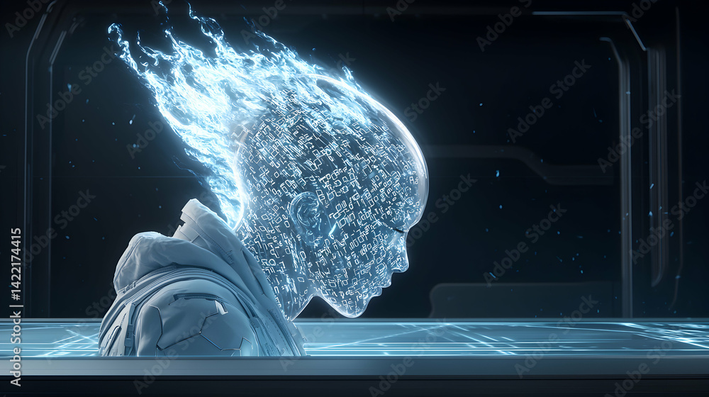 Aufkleber a digital ethereal being with data forming its head and a flowing light emanating from it. ideal for