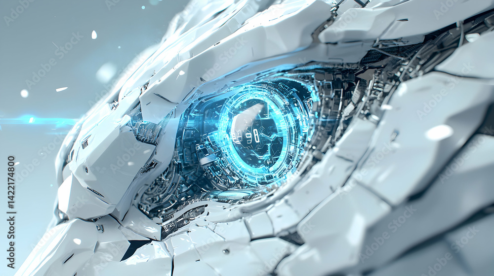 Fototapete a futuristic robot eye detailed and illuminated with a digital display showing the number 98. use as