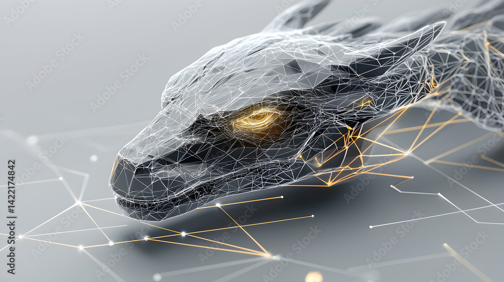 Fototapete a digital dragon head with wireframe structure glowing eye and network connections. suitable for tec