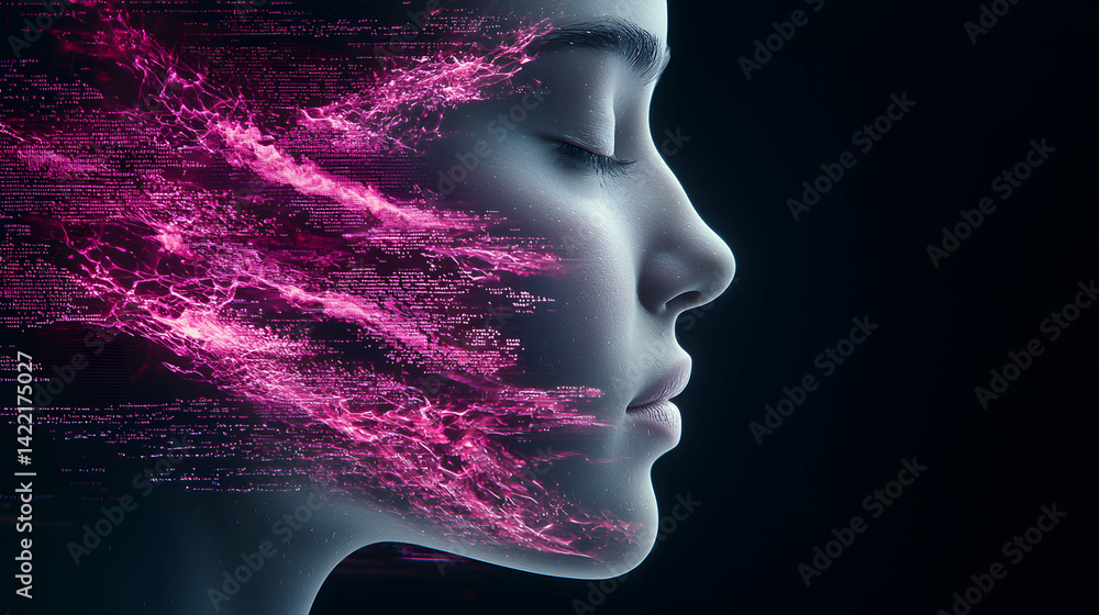 Poster a serene profile of a woman with data streams overlayed. suggesting ai or technological connection t
