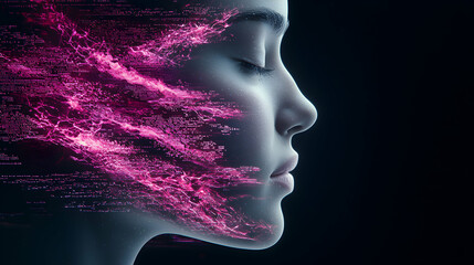 A serene profile of a woman with data streams overlayed. Suggesting AI or technological connection to the mind. Perfect for futuristic tech design and AI concepts.