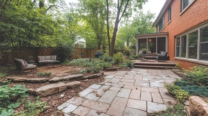 Serene Backyard Patio Oasis: Brick House, Stone Steps, and Lush Greenery