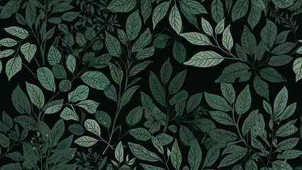 Seamless botanical pattern featuring various green leaves on a dark background creating a natural and elegant aesthetic