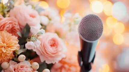 Elegant microphone surrounded by pastel flowers at a retirement party celebration backdrop