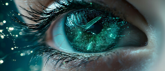 Futuristic eye with digital clock integration. Shows technological advancement and the blend of human and machine. Ideal for tech concept illustrations. 