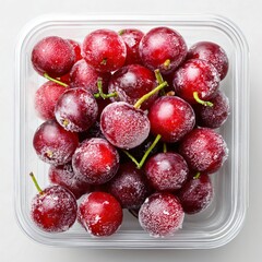 Fototapeta premium Frozen cherries in plastic container on white background