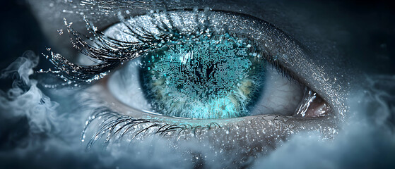 Cybernetic eye with data integrated evokes futuristic tech. Use as a sci-fi book cover or digital art for tech-focused projects.