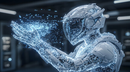 A futuristic robot with a digital hand interacting with data streams. Suggests advanced AI interaction and potential applications in data analysis and processing.