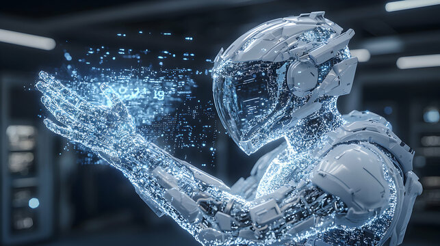 A futuristic robot with a digital hand interacting with data streams. Suggests advanced AI interaction and potential applications in data analysis and processing.