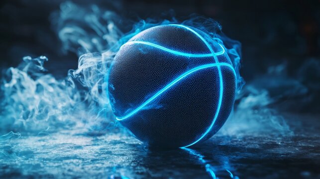 A glowing basketball with a blue and white stripe - Powered by Adobe